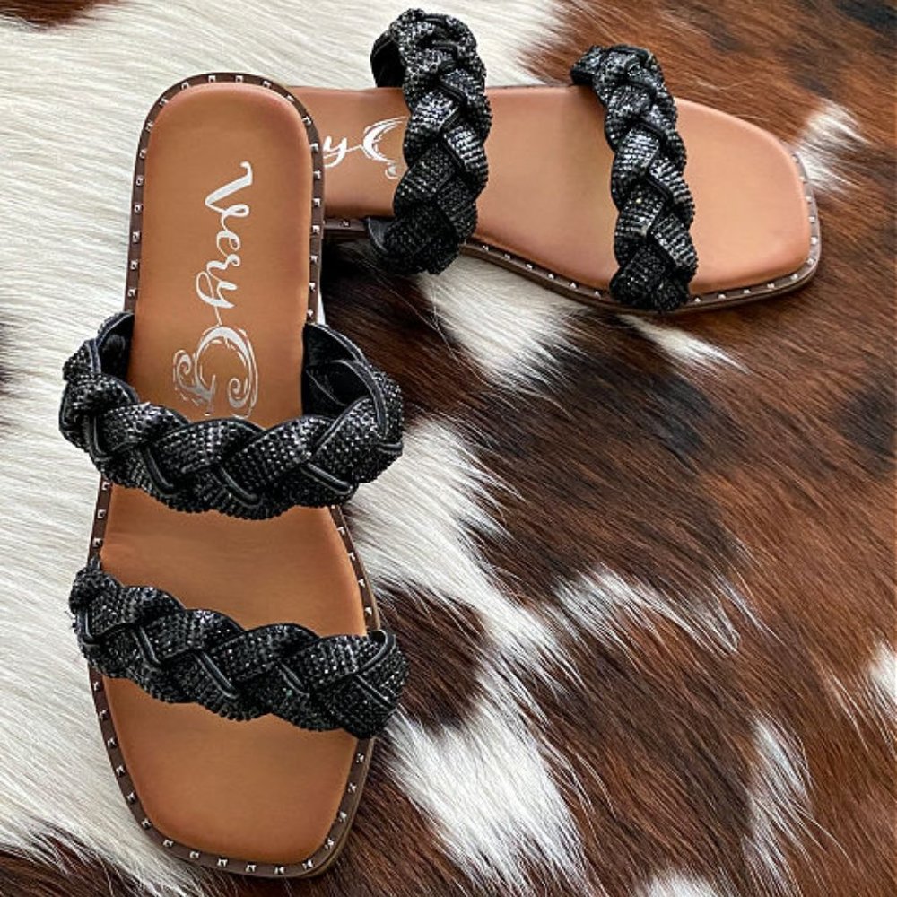 Very G Twisty Black Rhinestone Slip On Sandals